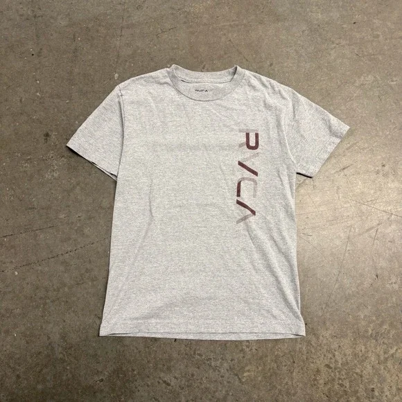 RVCA Mens Industrial Tee Heather‎ Grey Vertical Logo Graphic T-Shirt Size Small