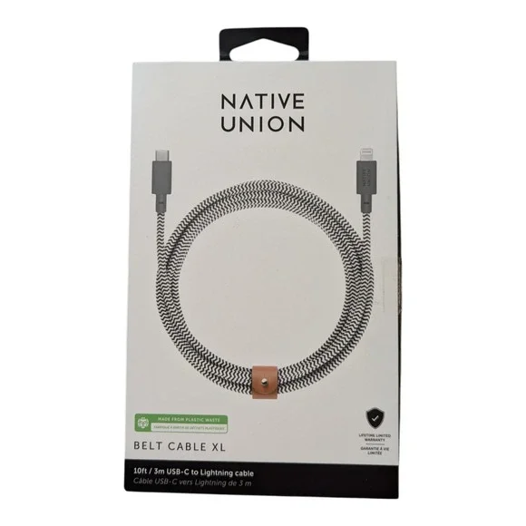 D4-O Native Union‎ XL 10ft USB-C to Lighting Charging Cable Zebra