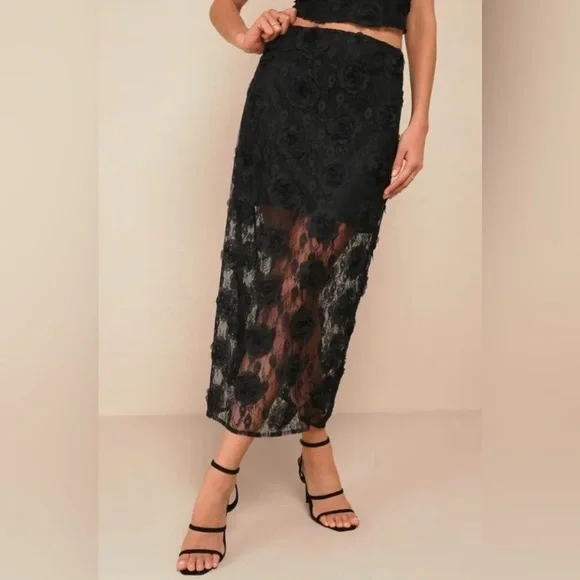 NEW with tags (NWT) Lulus Undeniable Effect Black Sheer Lace Rosette Midi Skirt
