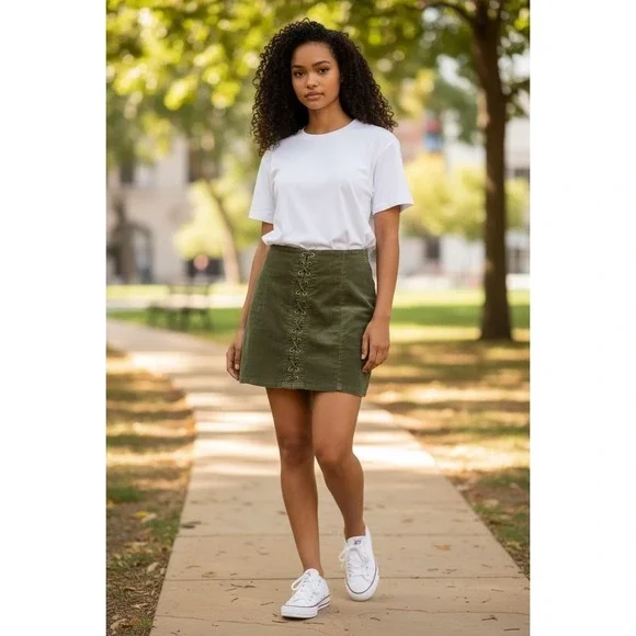Forever 21 Olive Green Corduroy Mini Skirt Lace Up‎ Detail Casual Size M