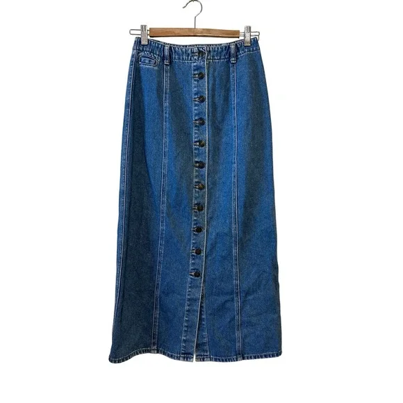 Vintage 90s Dockers Denim Maxi Skirt Size 6 Blue Button Front Cottage Western