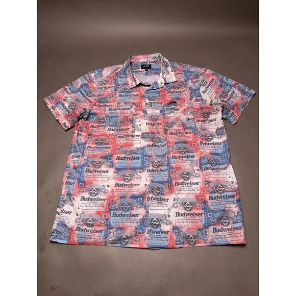 Billabong Budweiser Beer Label Print Button Down Shirt Mens Large Multicolor