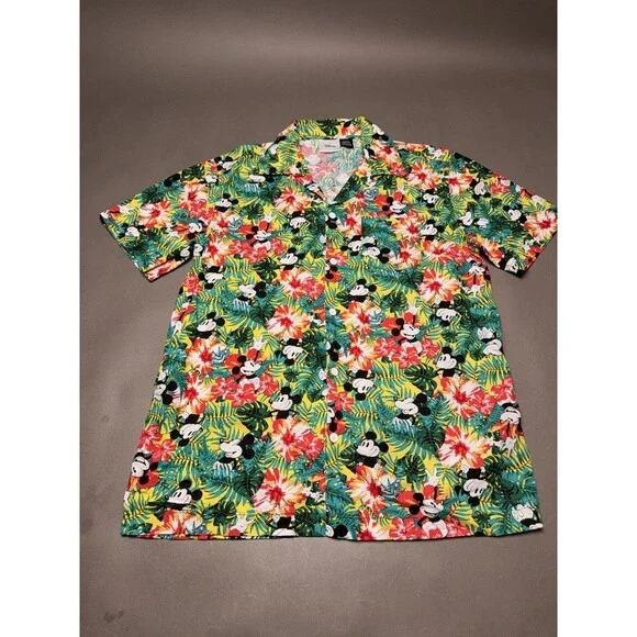 Disney Hawaiian Shirt Mens M Mickey Mouse Hibiscus Short Sleeve Button Up Floral