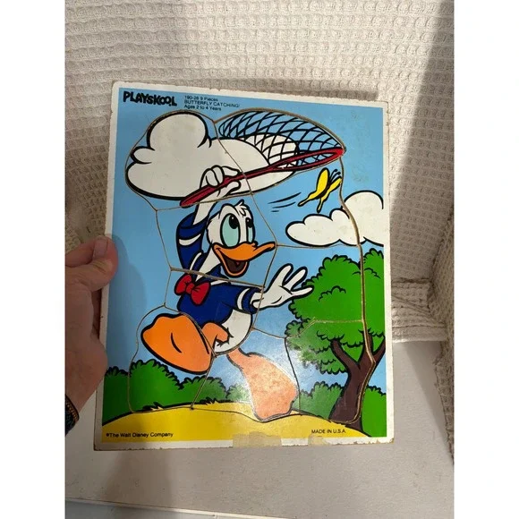 Vintage Unisex Playskool Donald Duck Wood Tray Puzzle 9pc Blue
