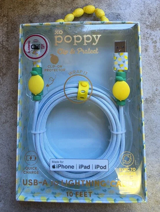Xo Poppy iPhone USB-A to Lightning Cable Lemon Clips 10 Feet Yellow & White New