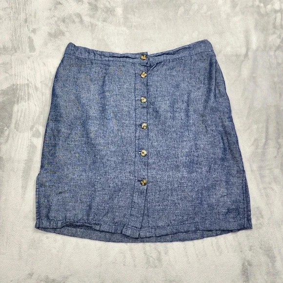 Dā-sh Skirt Womens 1X Blue Chambray Linen Blend Button Front Elastic Waist Lined