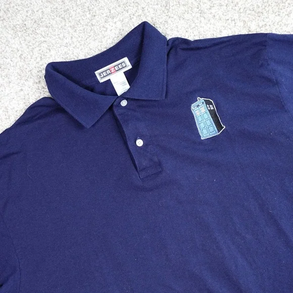 Jerzees Doctor Who TARDIS Navy Blue Polo Shirt Mens XL SpotShield‎ Embroidered