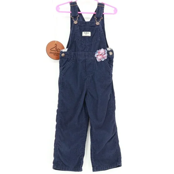 OshKosh Bgosh Toddler Navy Blue Corduroy‎ Vestbak Overalls Size 3T Flower Accent