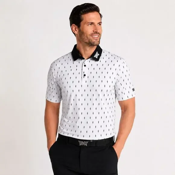 PXG Cactus Print Golf Polo Mens Medium White Black Performance UPF 50+