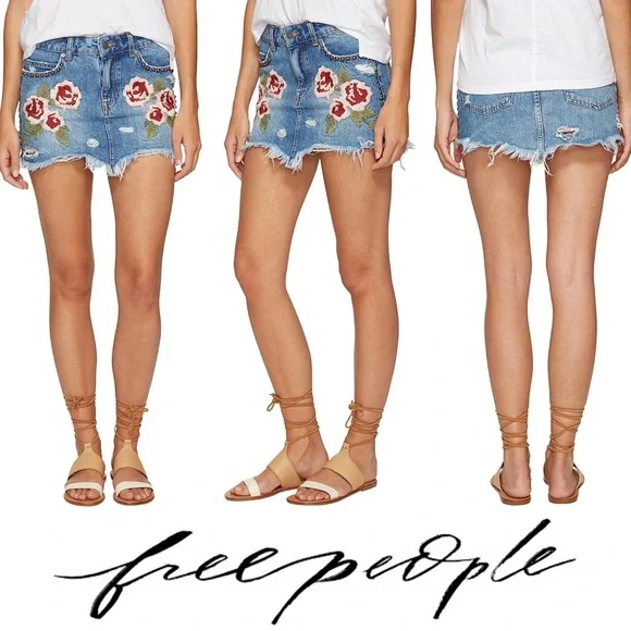 Free People | Wild Rose Embroidered Studded Distressed Denim Mini Skirt Size 24