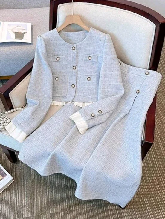 Women's Round Neck Single-Breasted Elegant Patchwork 2 Pieces Set Fall Cloth