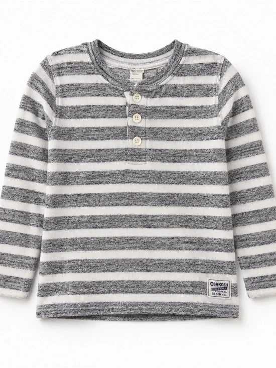 OshKosh B’gosh Boys 24M Gray White Striped Henley Long Sleeve Shirt