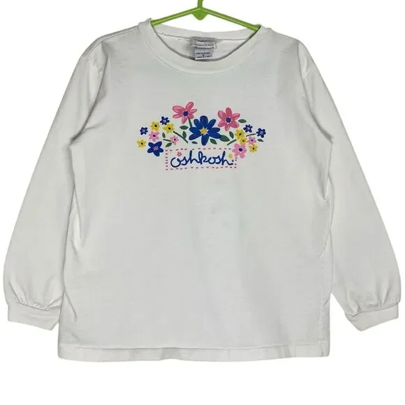 Vintage 90s OshKosh B'gosh Shirt Girls 5 White Top Flowers Long Sleeve USA Y2K