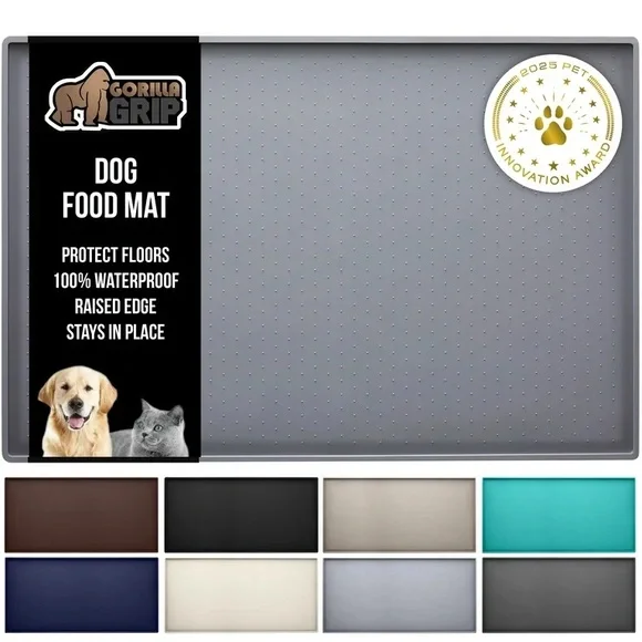 GORILLA GRIP Gray 18x12” Waterproof Silicone Dog & Cat Feeding Bowl Tray NWT