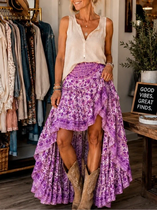One of a kind 70% Silk Indian High Low Maxi Skirt Boho Ruffle Festival Western