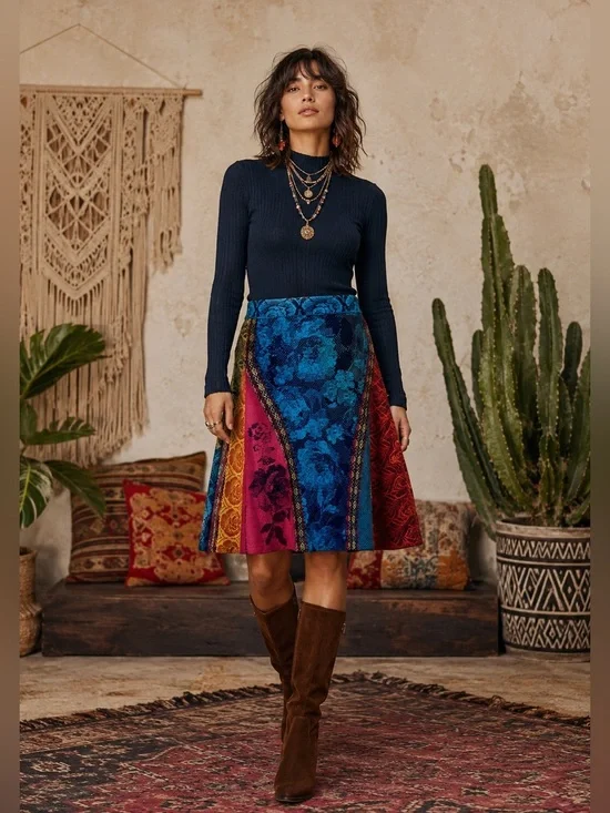 Ivko Jacquard Skirt Brocade Float Pattern Marine 100% merino wool 38  Boho Art