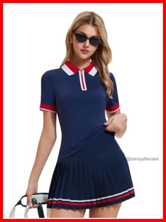 Women's 2-Piece Tennis Skirt Set Polo V-Neck Top High-Waisted Pleated Skirt