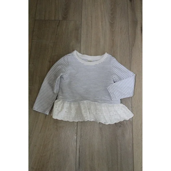 OshKosh‎ B'gosh Girls 18M Blue White Striped Long Sleeve Eyelet Lace Peplum Top