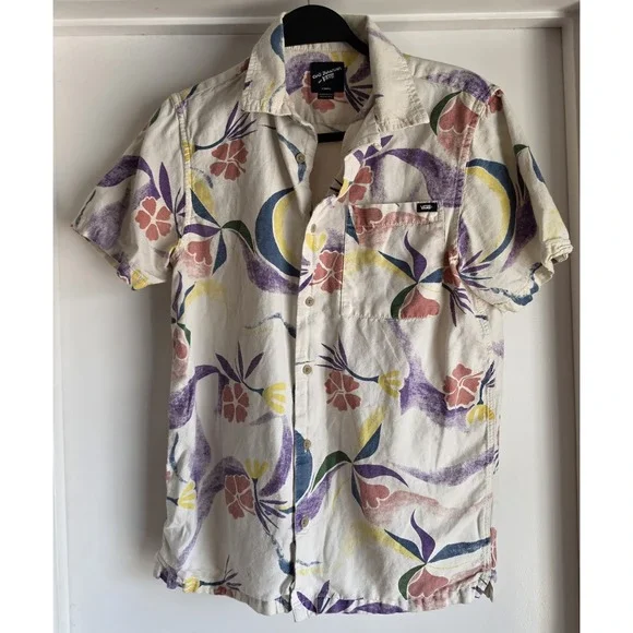 Vans Button-Up Shirt XS Floral Cotton Linen Short Sleeve Collared Skater