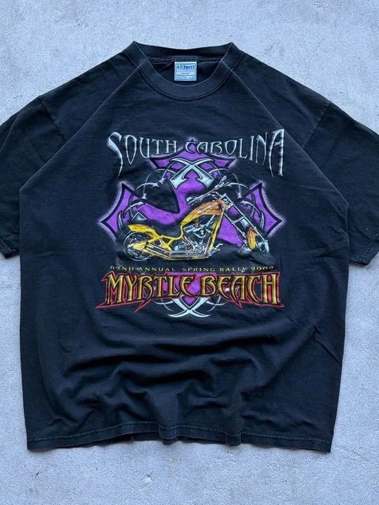 Vintage Y2k 2000s Faded Myrtle Beach Spring Rally Biker Flames Cross Chopper Tee