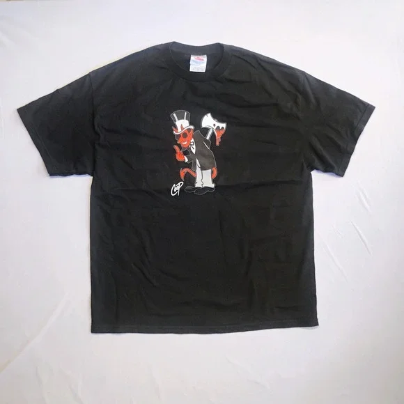Coop Devil Graphic T-Shirt Black Tuxedo Bloody Axe Middle Finger XL Tee VTG 90's