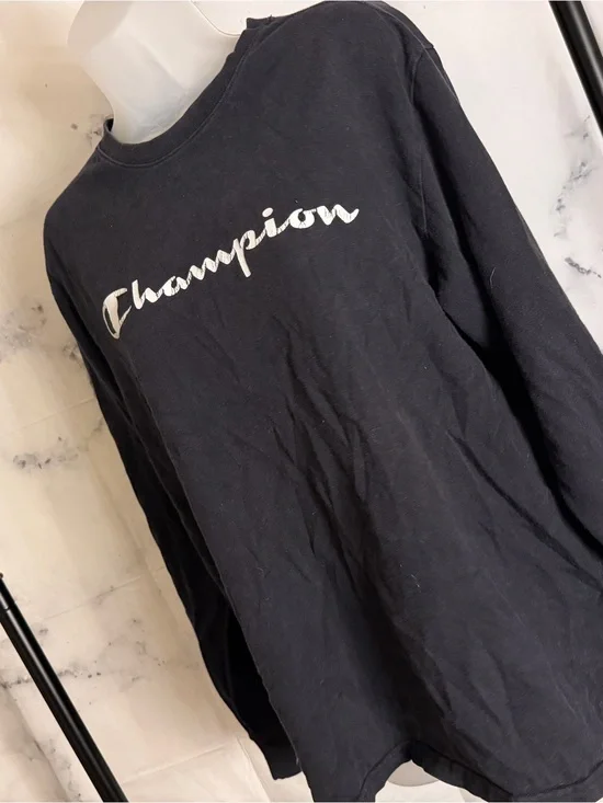 Champion Black Long-Sleeve Script Logo Crewneck