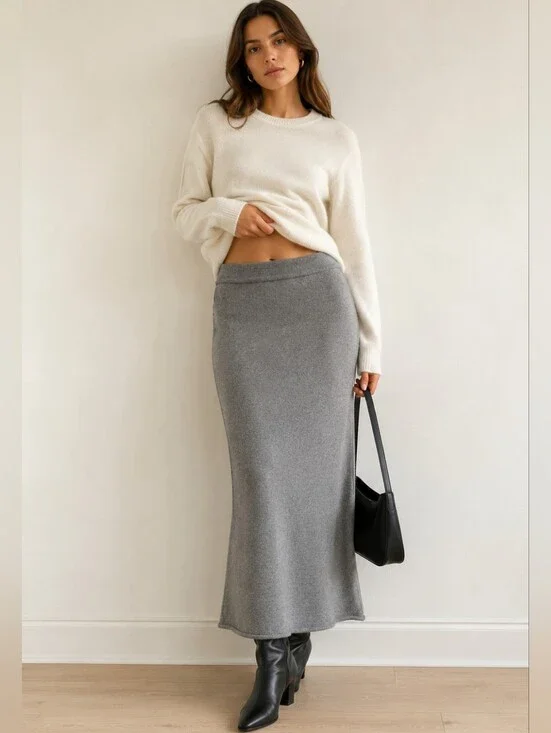 NWT Reformation Fae 100% Wool Knit Midi Skirt Gray Pull On Waist Size Large