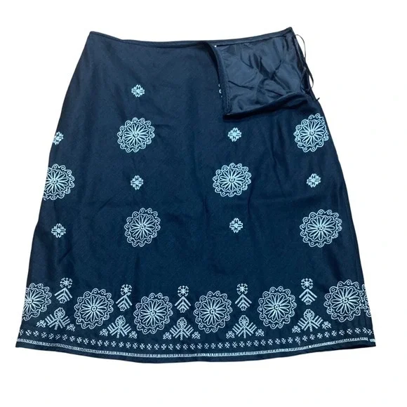 Richard Malcolm Black Linen Skirt Size 12 Floral Embroidered‎ Beaded Boho Lined