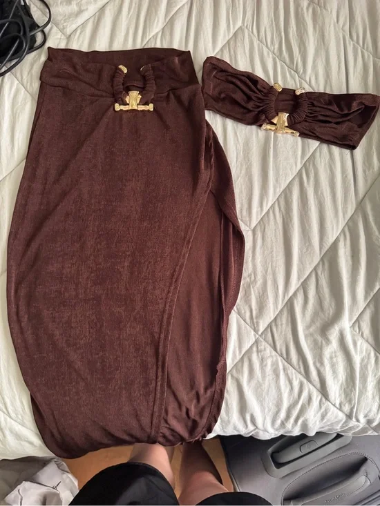 Women’s Brown Midi Skirt with Gold Accent