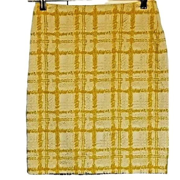 Talbots Women’s  Skirt Size 2 Petite Yellow‎ White Plaid Textured Lined Pencil