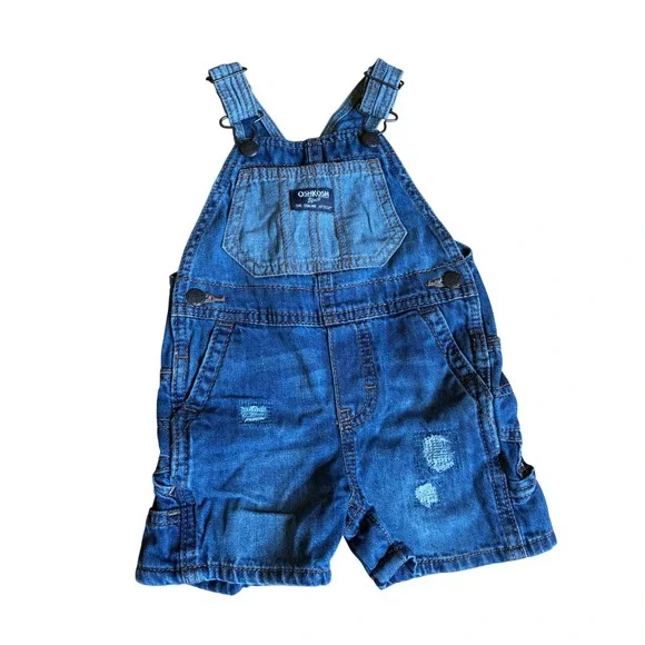 OshKosh Bgosh Toddler Boys Blue Denim Distressed Shortalls Overalls 12 M
