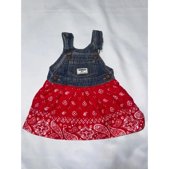 OshKosh B'gosh Baby Girl Denim Red Bandana Paisley‎ Overall Dress 6M Vestbak