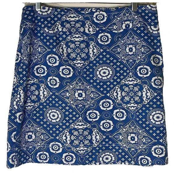 Talbots A-Line Skirt 14W Blue‎ White Bandana Floral Cotton Stretch Lined Knee