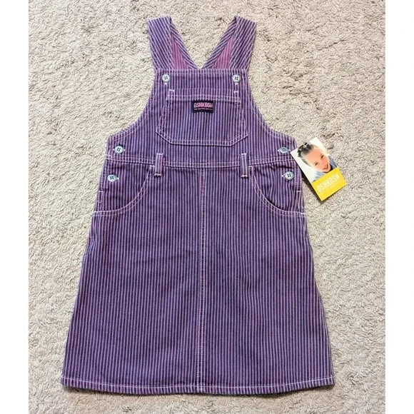 Vtg‎ OshKosh Bgosh Vestbak Overall Dress Girls Sz 5 Purple Blue Striped Cotton