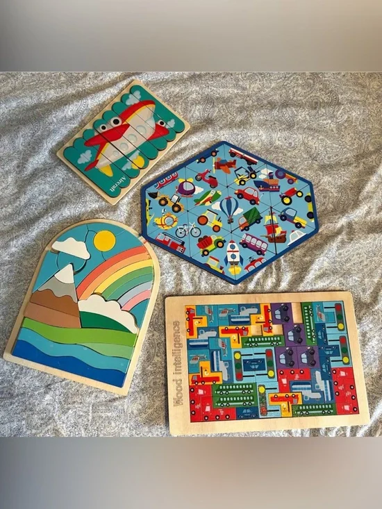 Kids Rainbow & Vehicles Wooden Puzzle Set - Multicolor