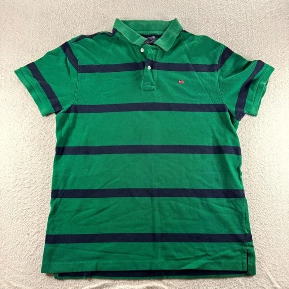 Polo Jeans Co Ralph Lauren Polo Shirt Mens Large Green Navy Striped Good Cotton