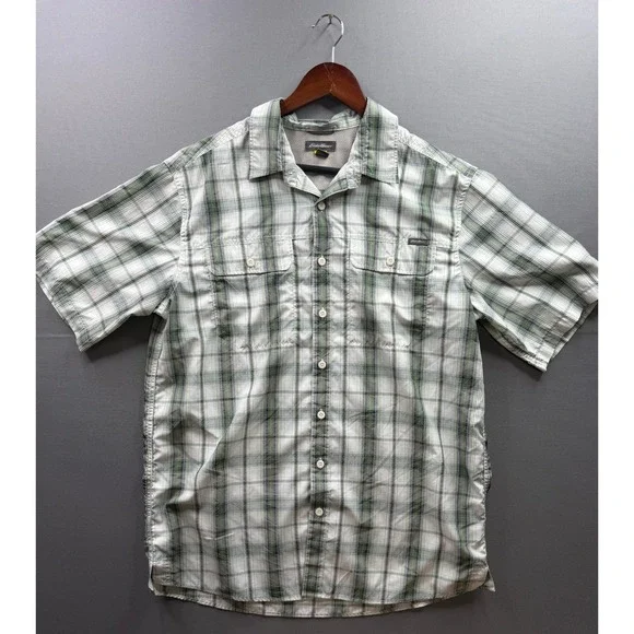 Eddie Bauer Button Down Shirt Mens Green Plaid Short Sleeve Tall‎ Large TL