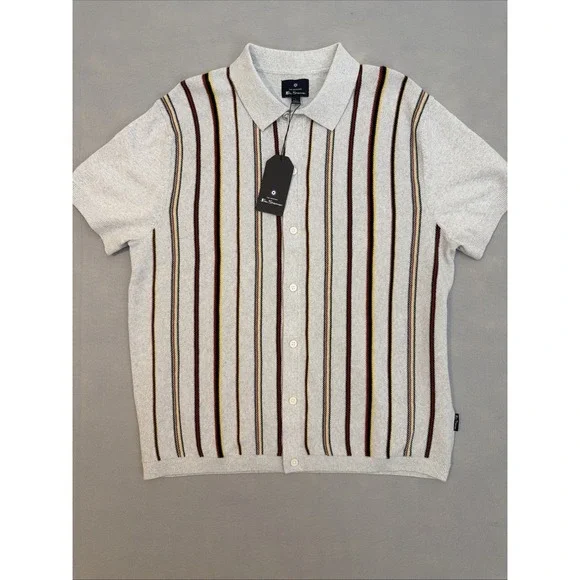 Ben Sherman Shirt Polo Men's Knit Crew Striped Preppy Vintage Button Ivory Sz L