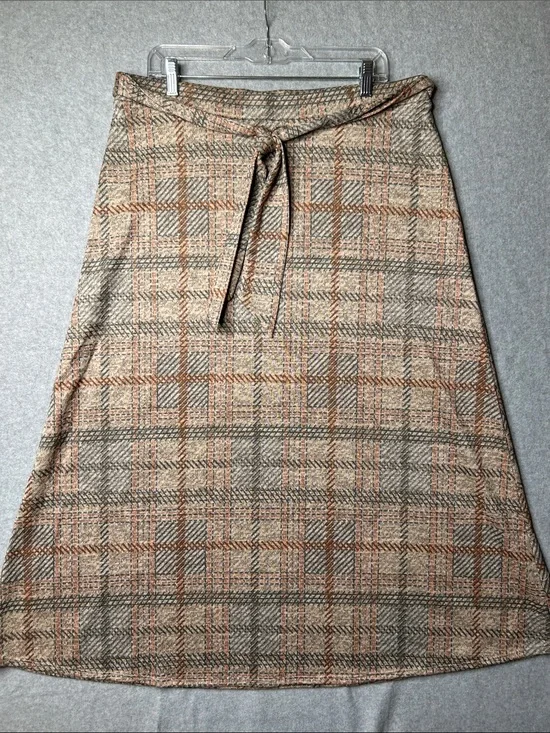 Plaid A-Line Midi Skirt with Self-Tie Waist - Beige‎ Rust Gray