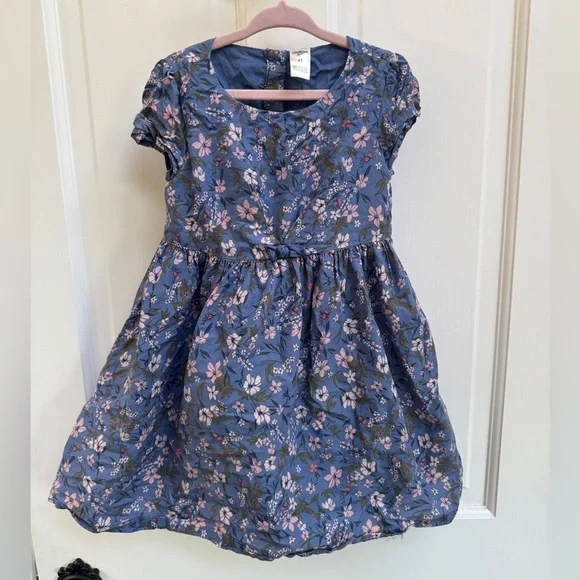 OshKosh B'gosh 4T Girls Blue Floral Kids Short Sleeve Flowy Tie Knot Dress