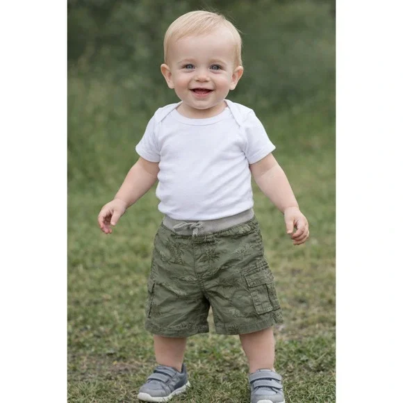 OshKosh Bgosh Cargo Shorts Boys 18M Olive Green Dinosaur Palm Tree Outdoor Sport