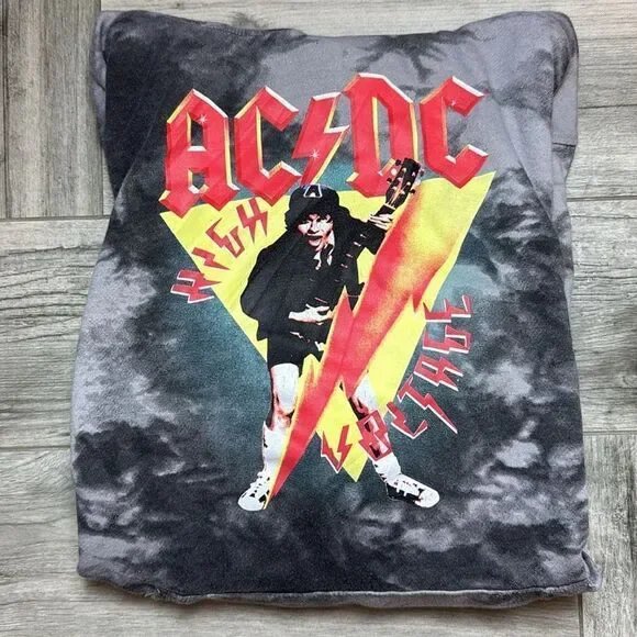 AC/DC Mens Grey Black High Voltage Graphic Draw String Hoodie Sweatshirt Small
