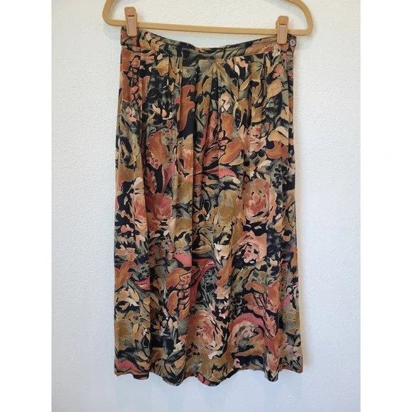 Vintage Joshua Powers Floral‎ Midi Skirt Black Orange Yellow Whimsigoth