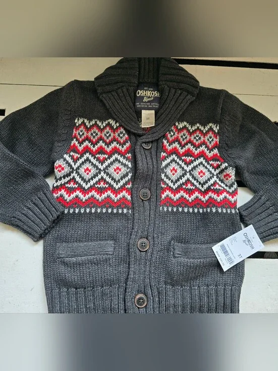 OshKosh B'gosh Gray Knit Cardigan with Red and White Fair Isle