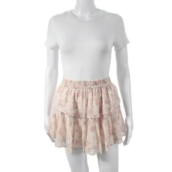Love Shack Fancy Women Pink Silk Floral Mini Skirt Size PP