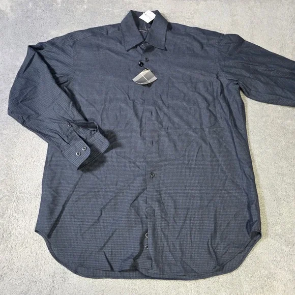 Hart Schaffner Marx Mens M‎ Button Down Shirt Navy Blue Micro Check Long Sleeve