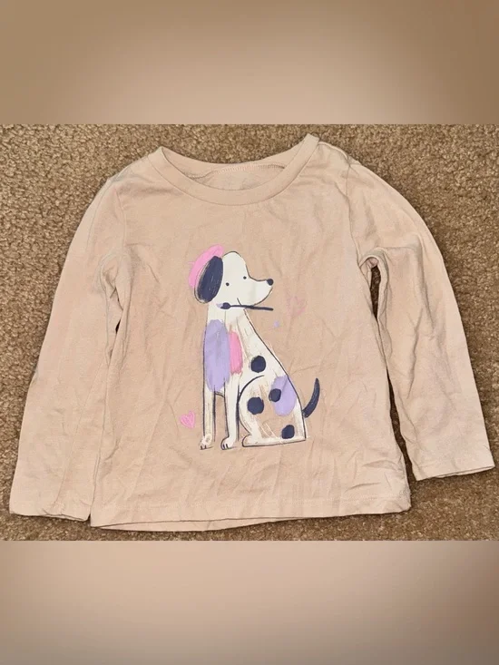 Cream Long-Sleeve Dog Graphic Tee with Pink & Purple Accents