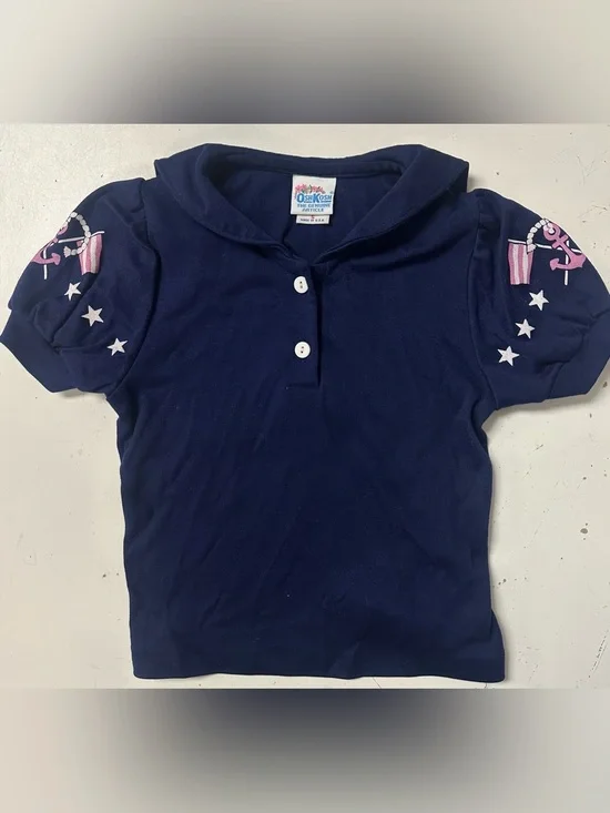 Vintage Oshkosh Nautical Puff Sleeve Sailor Polo Shirt 80's 90's Navy HTF 5