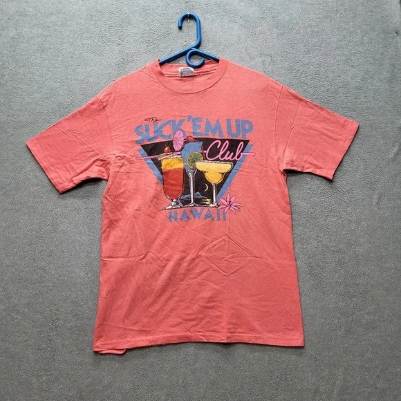 VINTAGE Hawaii Men Shirt L Single Stitch Cocktail Glasses Suck Em Up Club 80s US