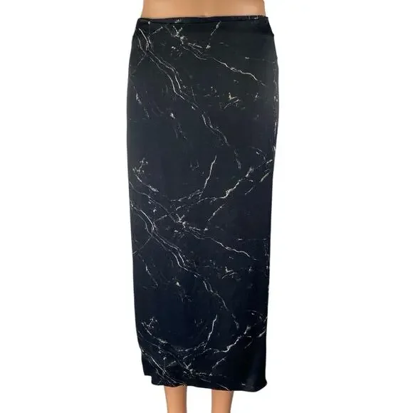 Zara Women's Black White Marble Print High Waisted Straight Midi Skirt Size XS